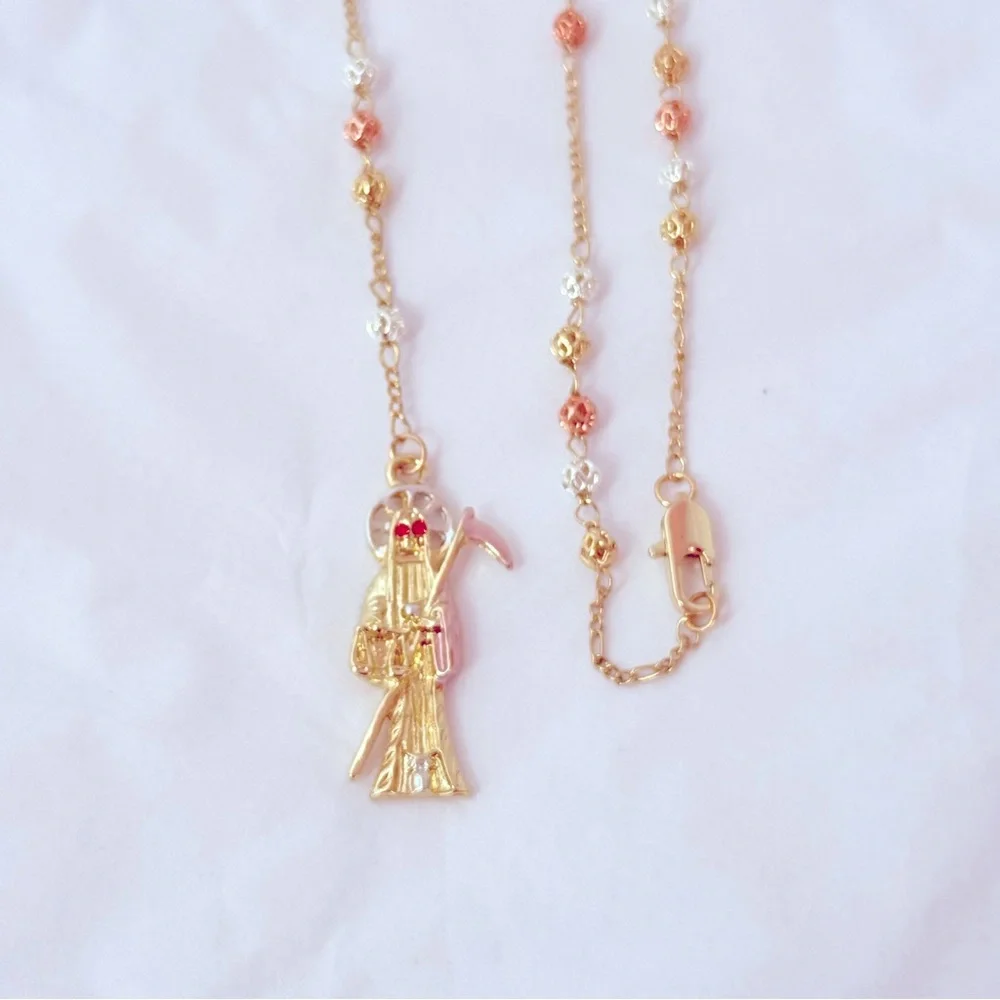 New, Rosary, tricolor Laminated Gold‎ with image of the holy death. unisex